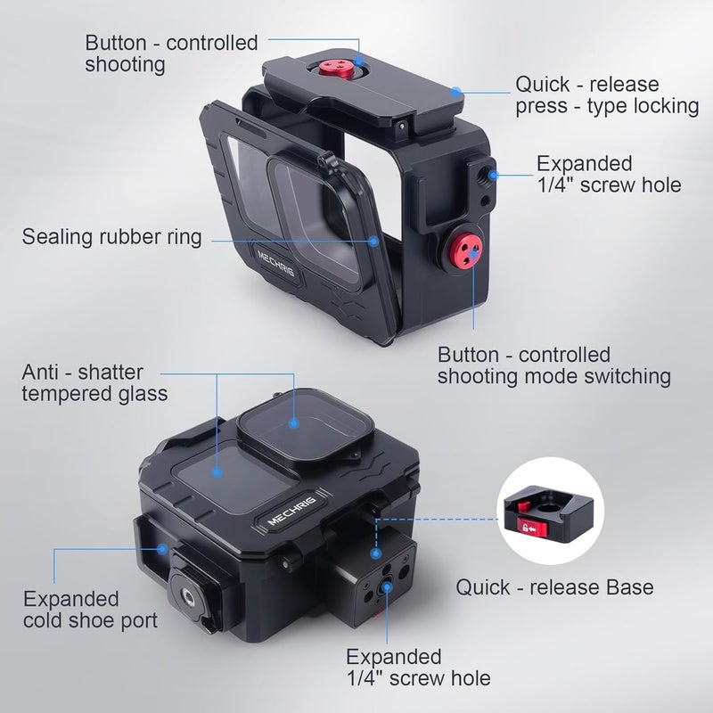 Mechrig Aluminum Waterproof Case for GoPro HERO13 Black HERO12 HERO11 HERO10 HERO9 Action Camera 80M Deep Waterproof Horizontal and Vertical Shooting Switch (Quick Release-63075) - Image 5